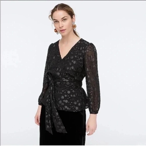 J. Crew Black Wrap Tie metallic dot Front Blouse - Picture 3 of 9